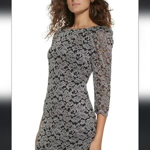 Jessica‎ Howard Blackand Silver Lace Shift Dress 3/4 Sheer Sleeve Sz 4P
